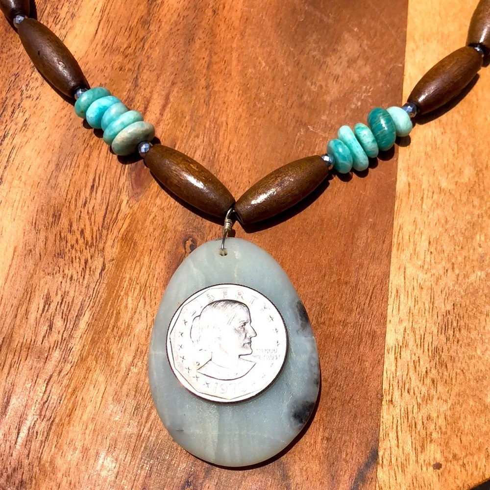 Blue turquoise & wood beaded necklace 11” with a 2” extender